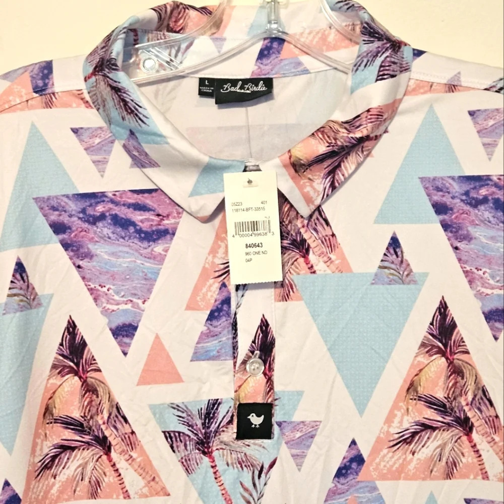 Bad Birdie Mens L PurpleGeometric Hawaiian Print ShortSleeve Golf Polo Shirt - Picture 6 of 11